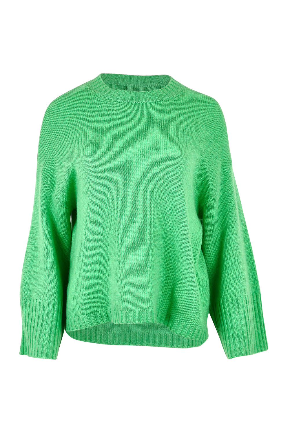 Product shot of the Wide Sleeve Lambswool Crew in colour Parakeet (Green), from the front