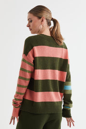 A model wearing the Lambswool Stripe Crew in colour Olive, from the back