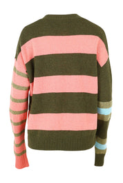 Product shot of the Lambswool Stripe Crew in colour Olive, from the back
