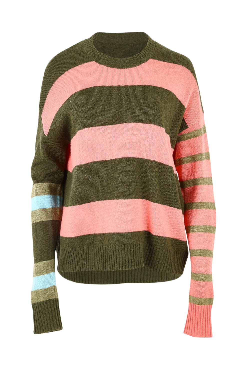 Product shot of the Lambswool Stripe Crew in colour Olive, from the front