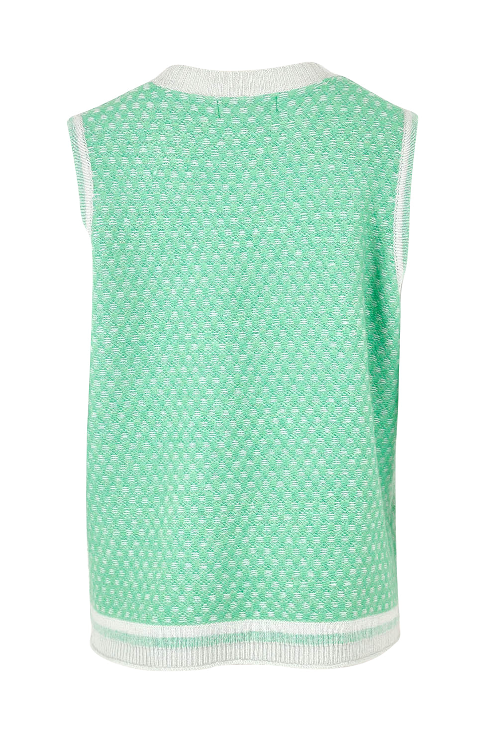 Product shot of the Lambswool Vest in colour Ice (Green), from the back