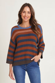 Chunky Stripe Cotton Blend Crew Knit – Nutmeg
