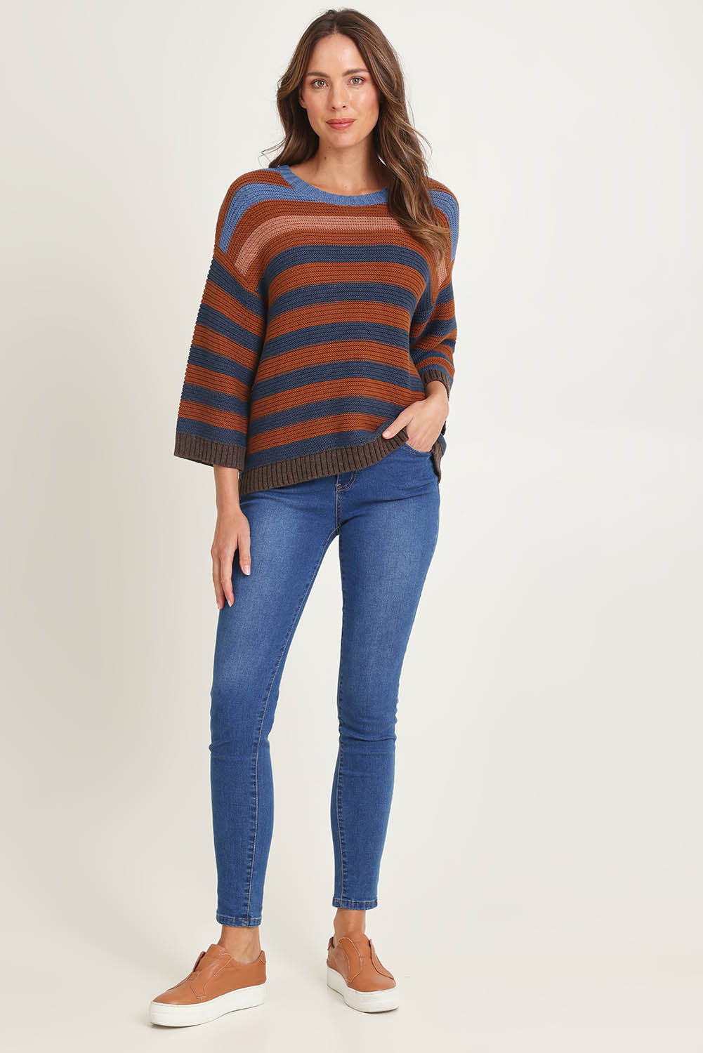 Chunky Stripe Cotton Blend Crew Knit – Nutmeg