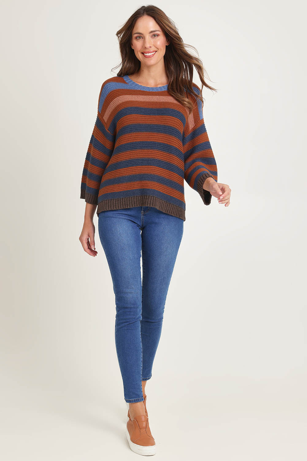 Chunky Stripe Cotton Blend Crew Knit – Nutmeg