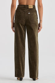 A model wearing the Riders Hi Wide Cord Straigh Leg Pant in colour Deepolive (Green), from the back