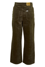 Product shot of the Riders Hi Wide Cord Straigh Leg Pant in colour Deepolive (Green), from the back