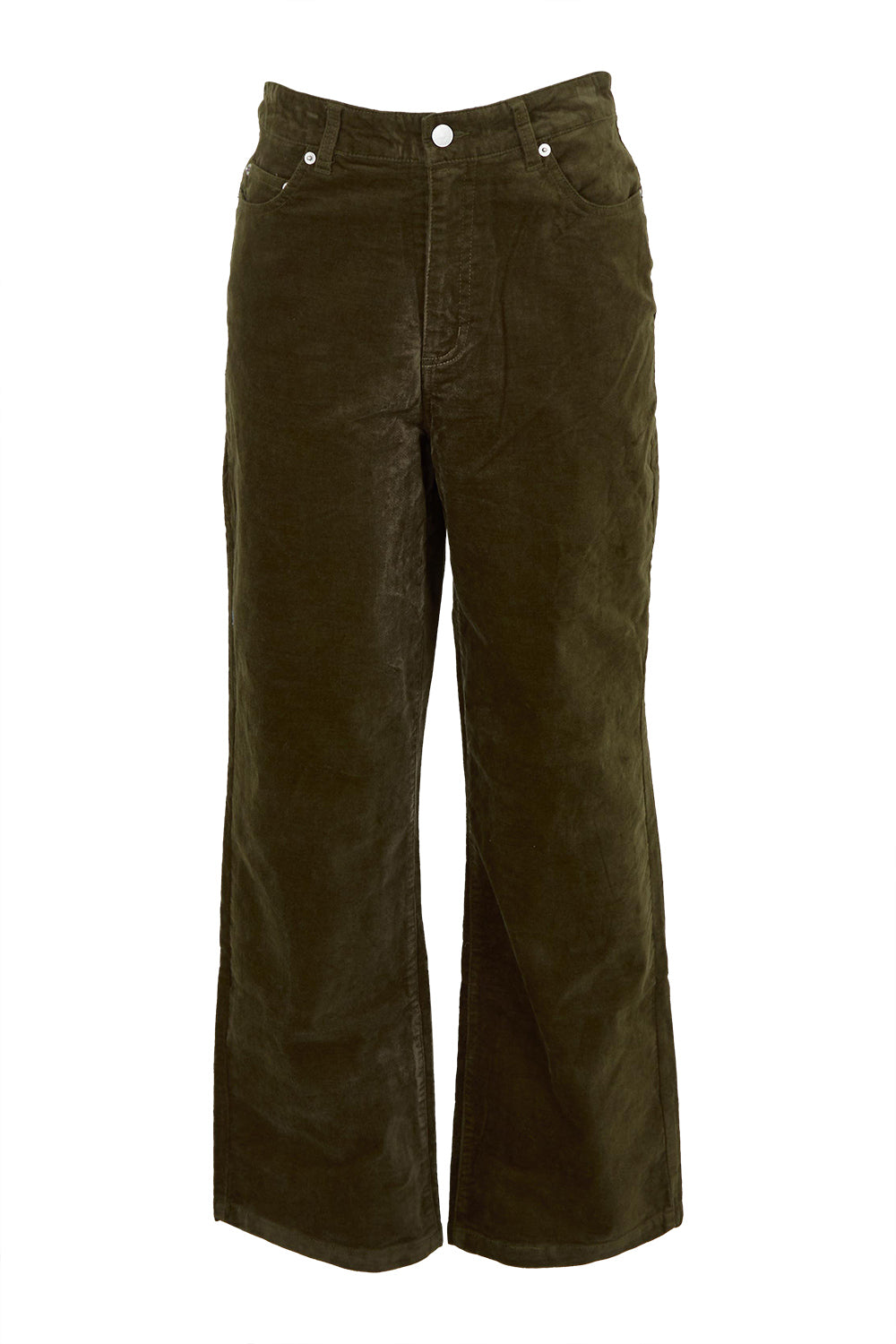 Product shot of the Riders Hi Wide Cord Straigh Leg Pant in colour Deepolive (Green), from the front