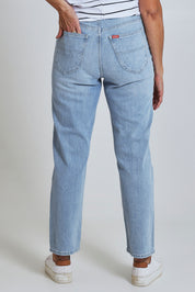 Model Sandy wearing size 10 of the Riders Hi Straight Leg Jean in colour Fadedblue (Blue), from the back