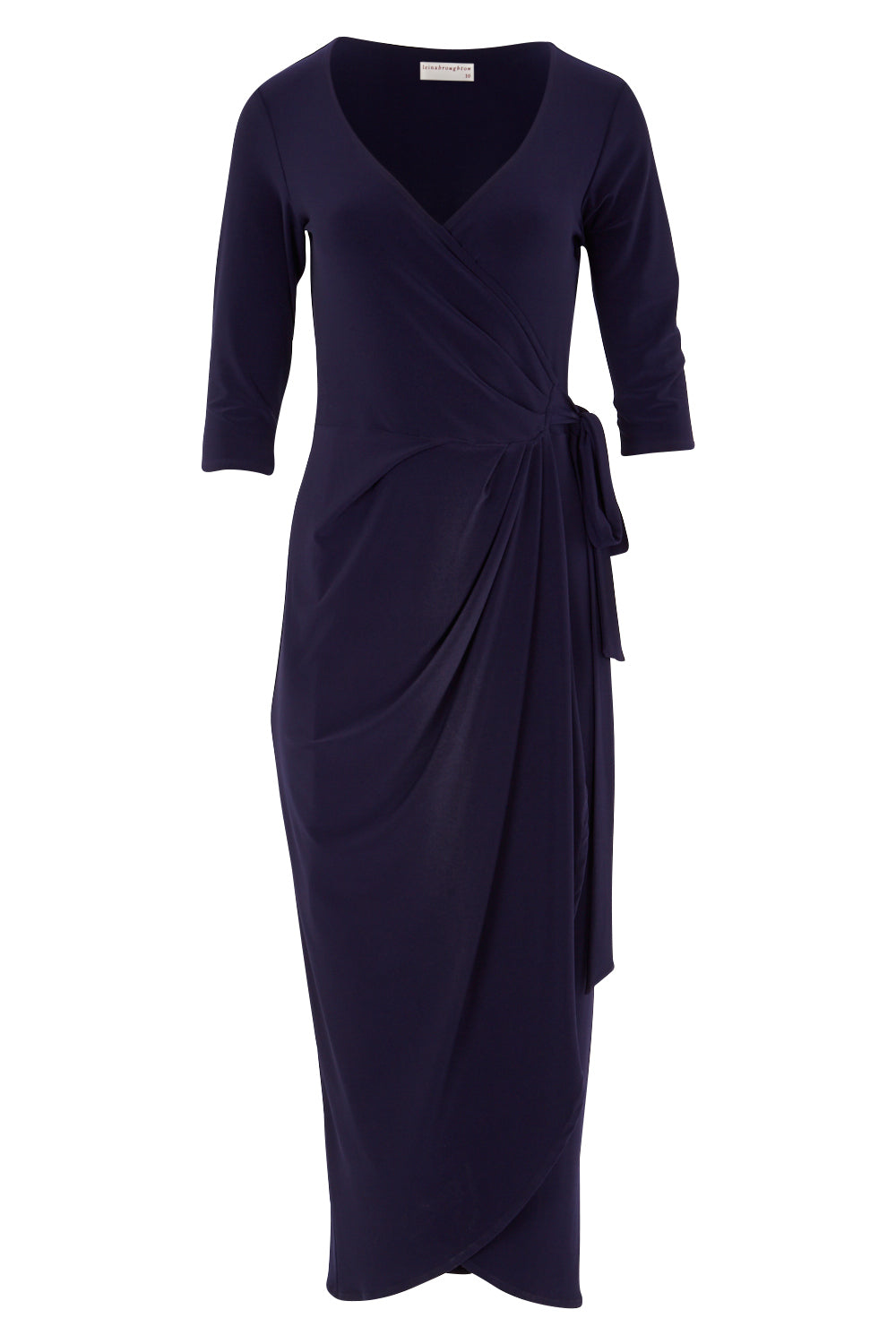 Product shot of the Robin Wrap Dress in colour Navy (Blue), from the front