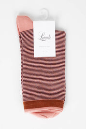 A model wearing size OneSize of the Lina Fine Stripe Crew Sock in colour Beetrootcy, from the front, showing the whole outfit