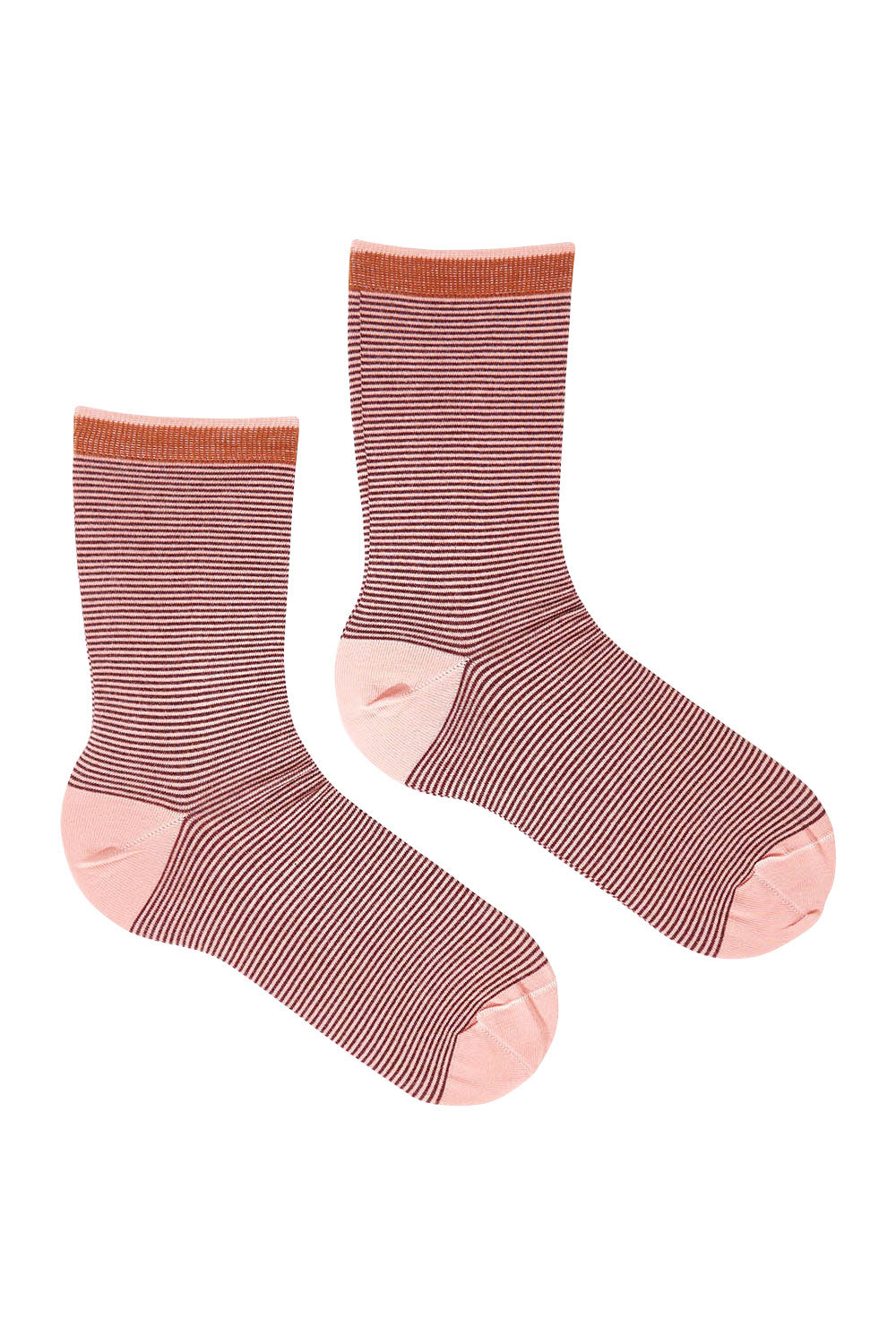 Product shot of the Lina Fine Stripe Crew Sock in colour Beetrootcy, from the front