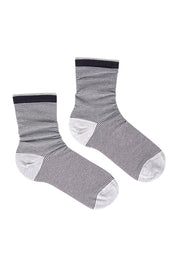 Product shot of the Lina Fine Stripe Crew Sock in colour Ink (Blue), from the front