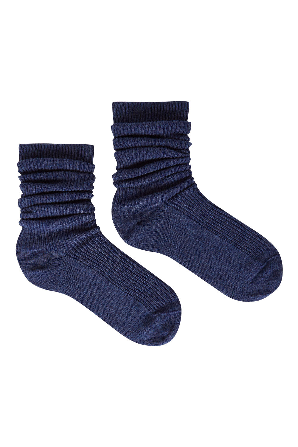 Product shot of the Slouchy Sock in colour Ink (Blue), from the front