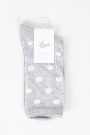 A model wearing size OneSize of the Gigi Spot Sock in colour Greymarle (Grey), from the front, showing the whole outfit