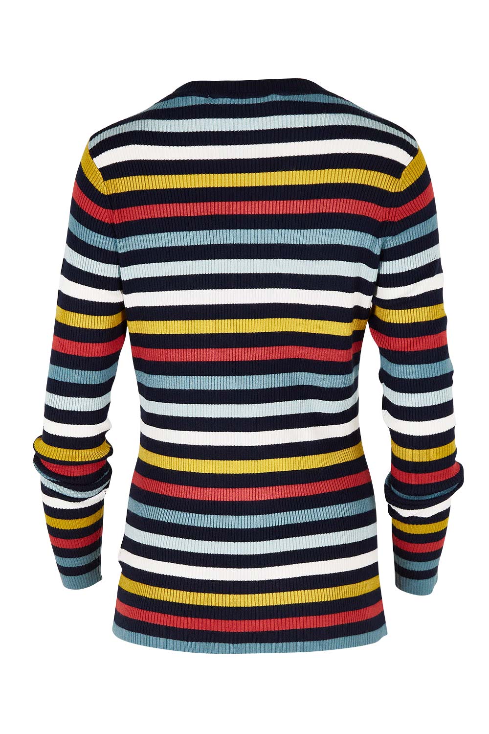 Product shot of the Stripe Ribbed Crew Neck Jumper in colour Ochre (Black), from the back