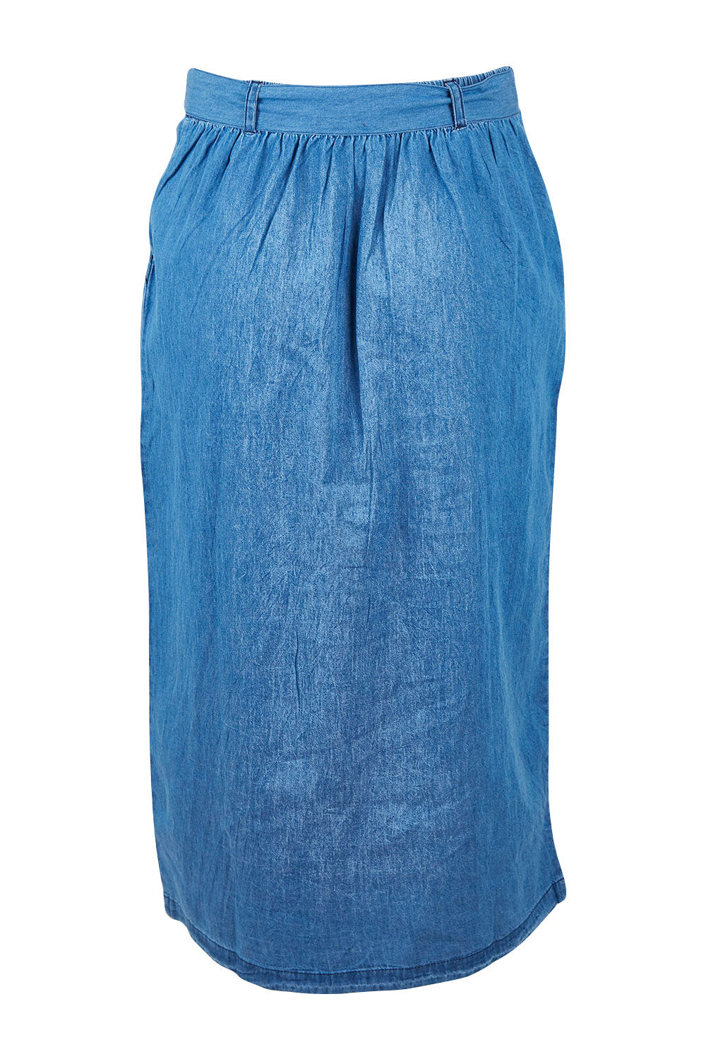 Product shot of the Cowslip Skirt in colour Denim (Blue), from the back