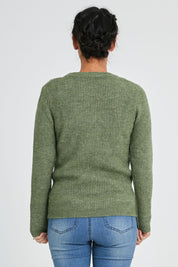 Model Katie wearing size 10 of the Cosy Cardi in colour Khaki (Green), from the back