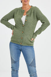Model Katie wearing size 10 of the Cosy Cardi in colour Khaki (Green), from the front, cropped image