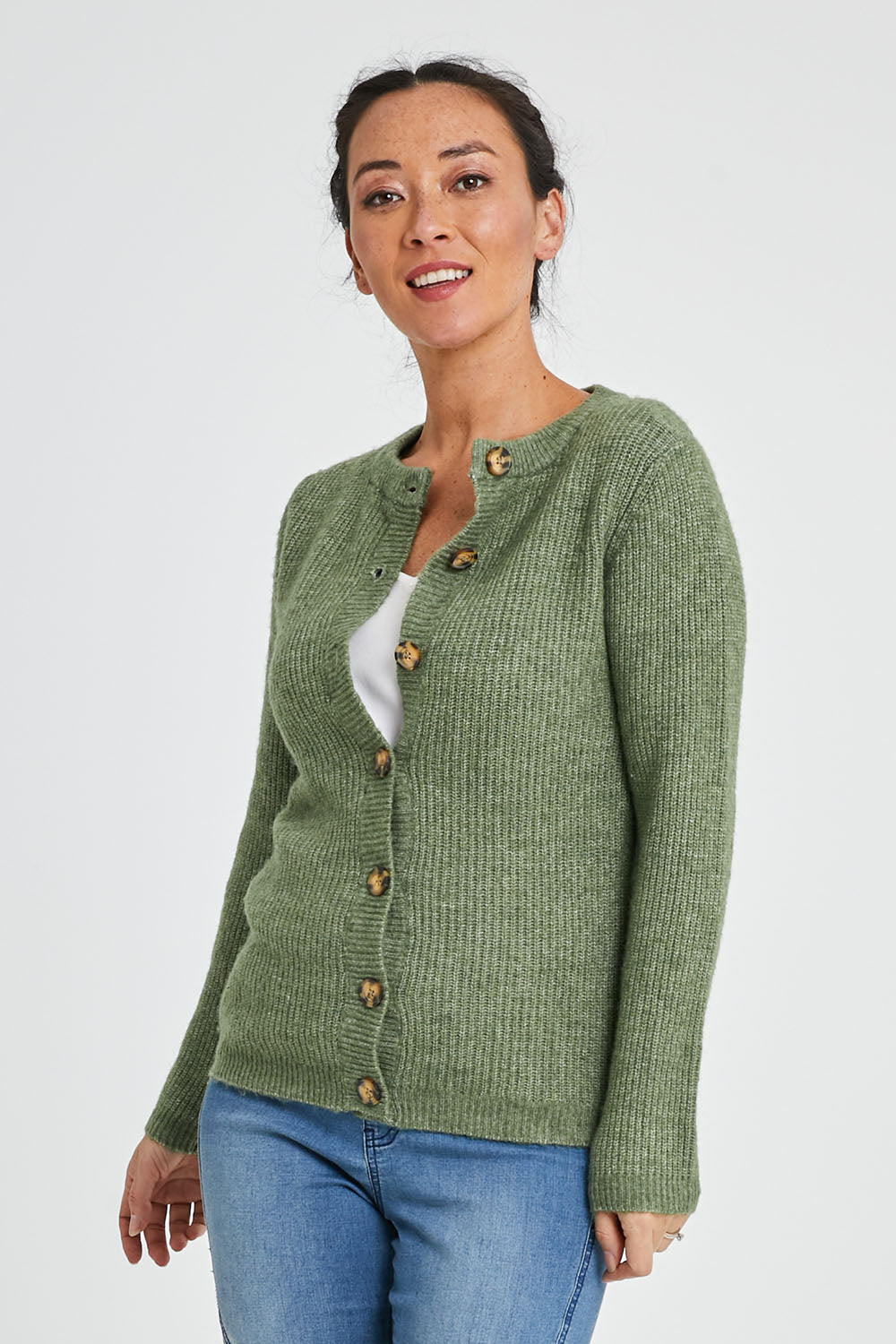 Model Katie wearing size 10 of the Cosy Cardi in colour Khaki (Green), from the front, cropped image