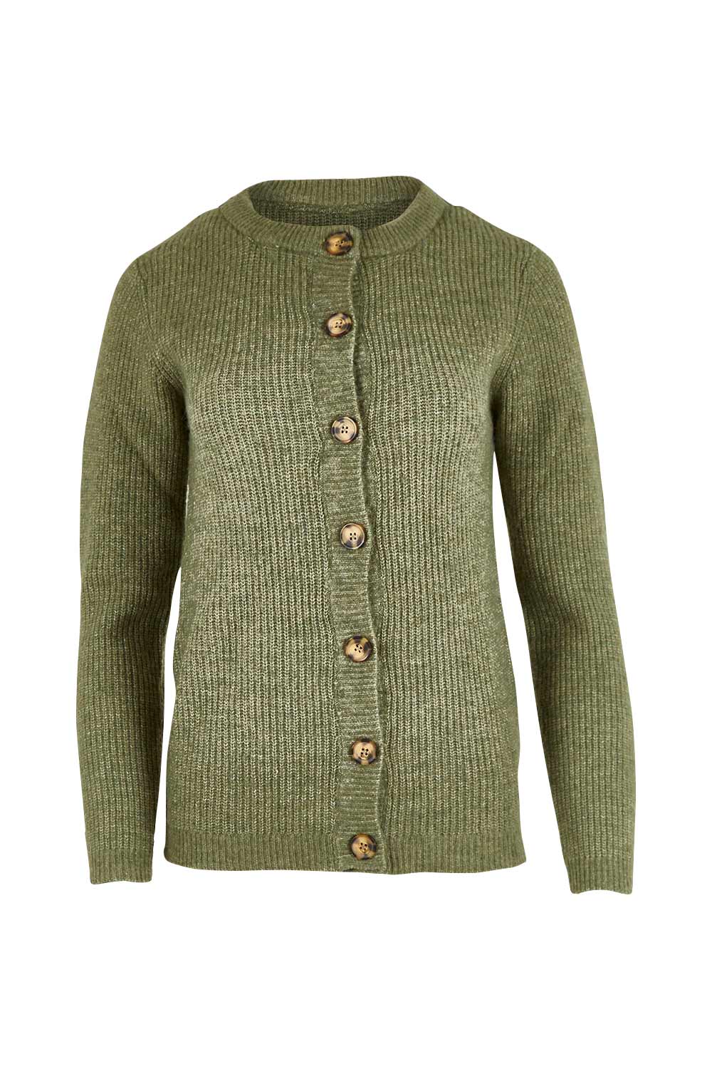 Product shot of the Cosy Cardi in colour Khaki (Green), from the front
