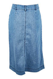 Product shot of the Penrose Skirt in colour Denim (Blue), from the back