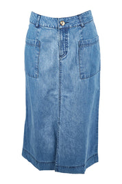 Product shot of the Penrose Skirt in colour Denim (Blue), from the front