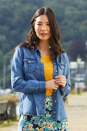 A model wearing the Rowan Shacket in colour Blue (Blue), from the front, showing the whole outfit