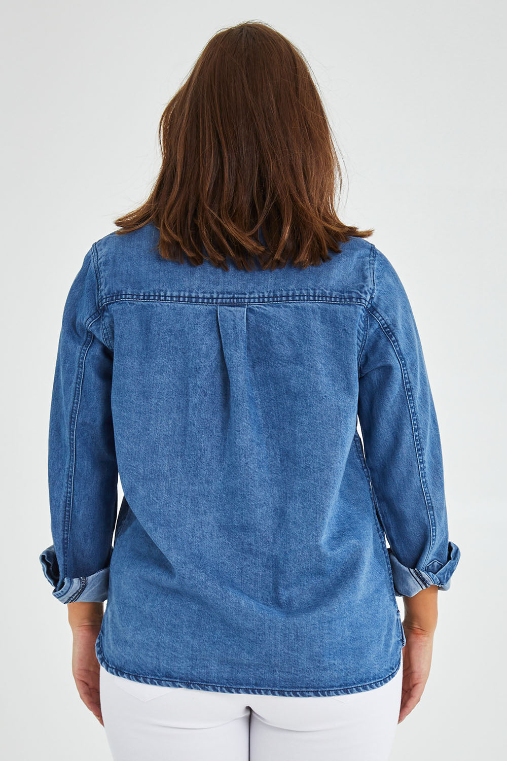 Model Monique wearing size 14 of the Rowan Shacket in colour Blue (Blue), from the back