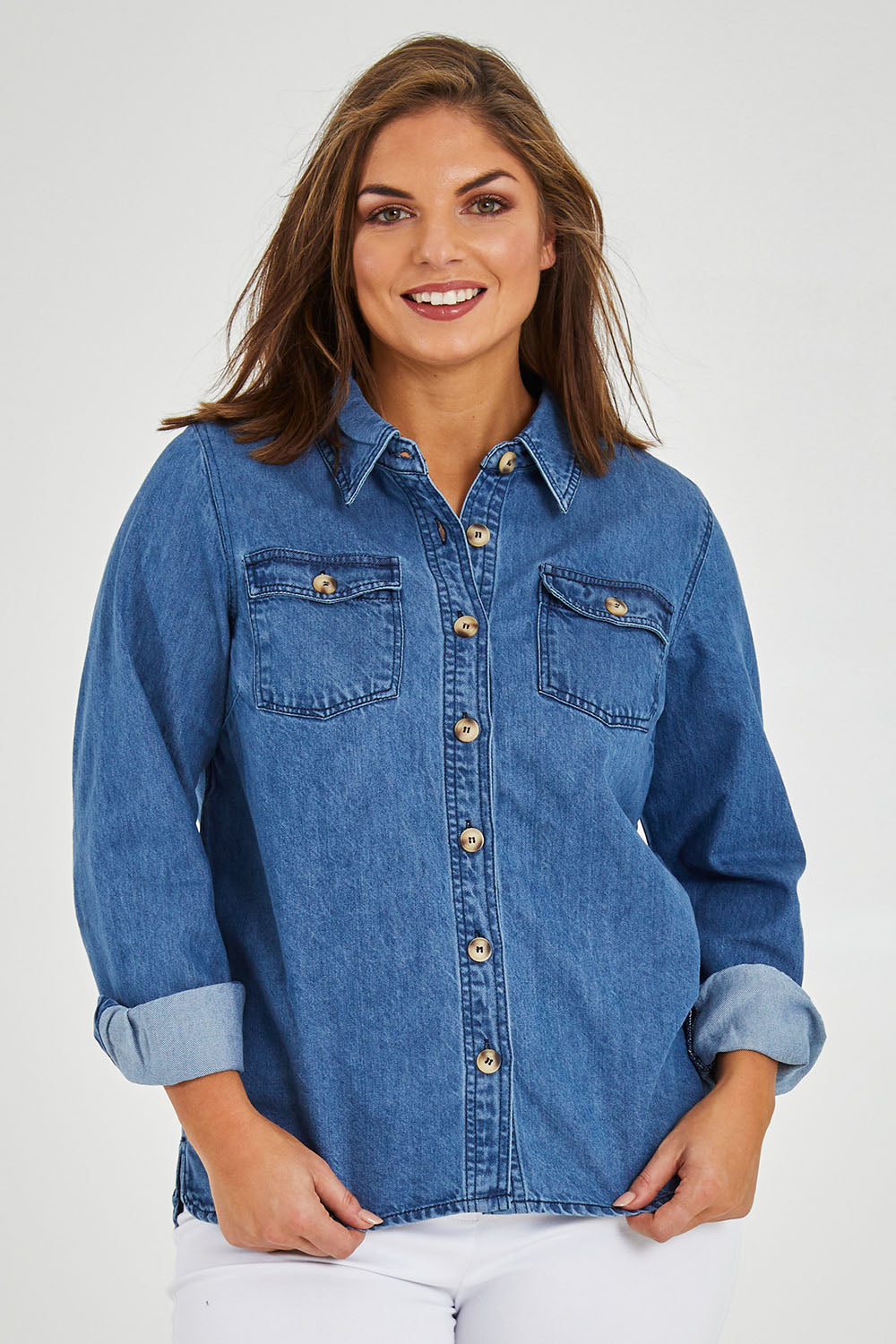 Model Monique wearing size 14 of the Rowan Shacket in colour Blue (Blue), from the front, cropped image