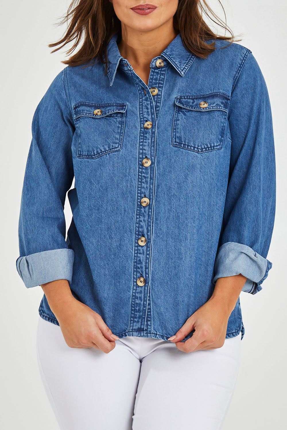 Model Monique wearing size 14 of the Rowan Shacket in colour Blue (Blue), from the front, cropped image