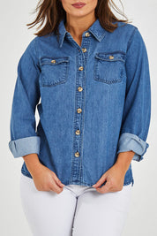 Model Monique wearing size 14 of the Rowan Shacket in colour Blue (Blue), from the front, cropped image