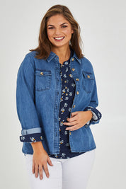 Model Monique wearing size 14 of the Rowan Shacket in colour Blue (Blue), from the front, cropped image