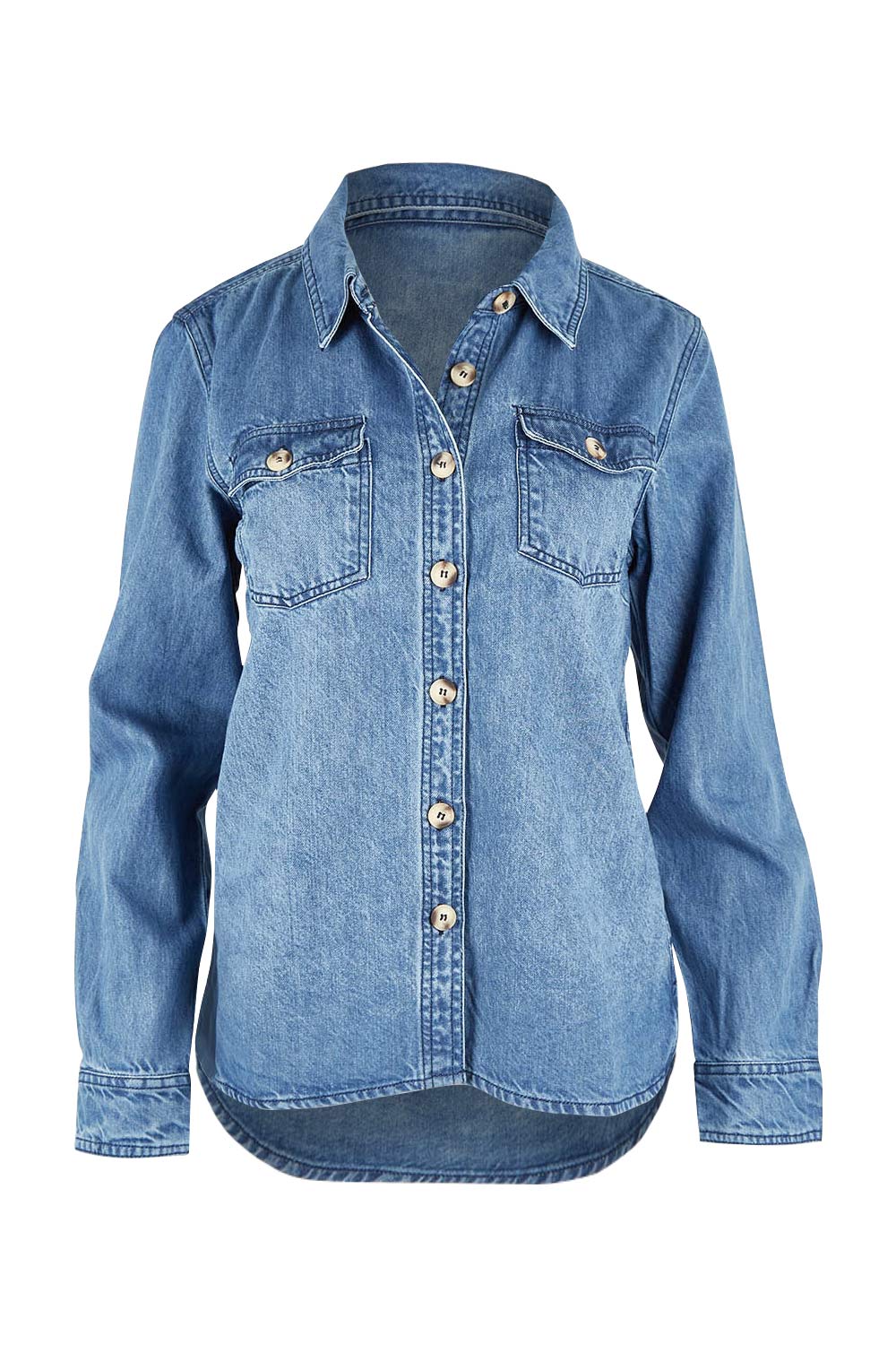 Product shot of the Rowan Shacket in colour Blue (Blue), from the front