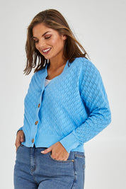 Model Monique wearing size 14 of the Eclipse Cardi in colour Skyblue (Blue), from the front, cropped image