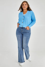 Model Monique wearing size 14 of the Eclipse Cardi in colour Skyblue (Blue), from the front, showing the whole outfit