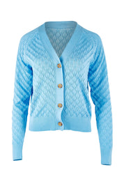Product shot of the Eclipse Cardi in colour Skyblue (Blue), from the front