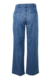 Product shot of the Oaksey Trouser in colour Denim (Blue), from the back
