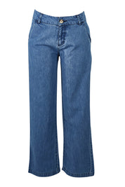 Product shot of the Oaksey Trouser in colour Denim (Blue), from the front