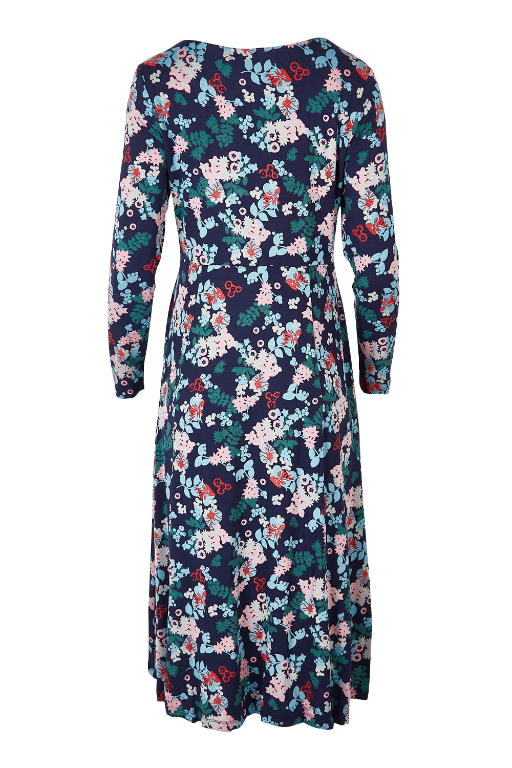 Product shot of the Jersey Swing Dress in colour Folkfloral (Blue), from the back