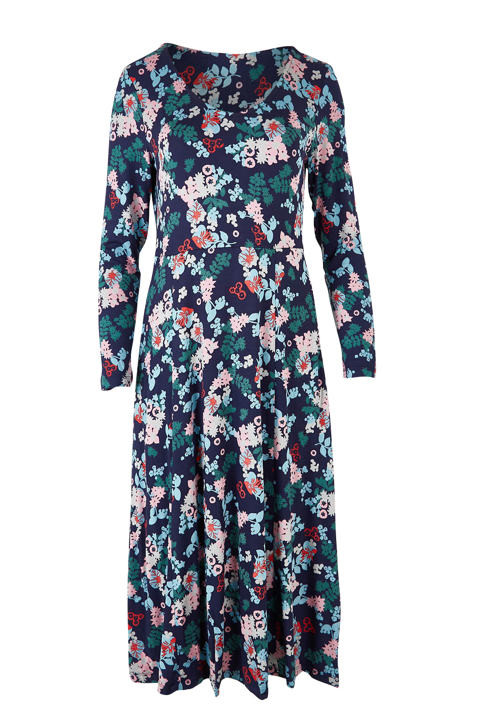 Product shot of the Jersey Swing Dress in colour Folkfloral (Blue), from the front
