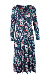Product shot of the Jersey Swing Dress in colour Folkfloral (Blue), from the front