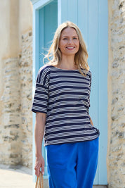A model wearing the Blockley Top in colour Navy (Blue), from the front, showing the whole outfit