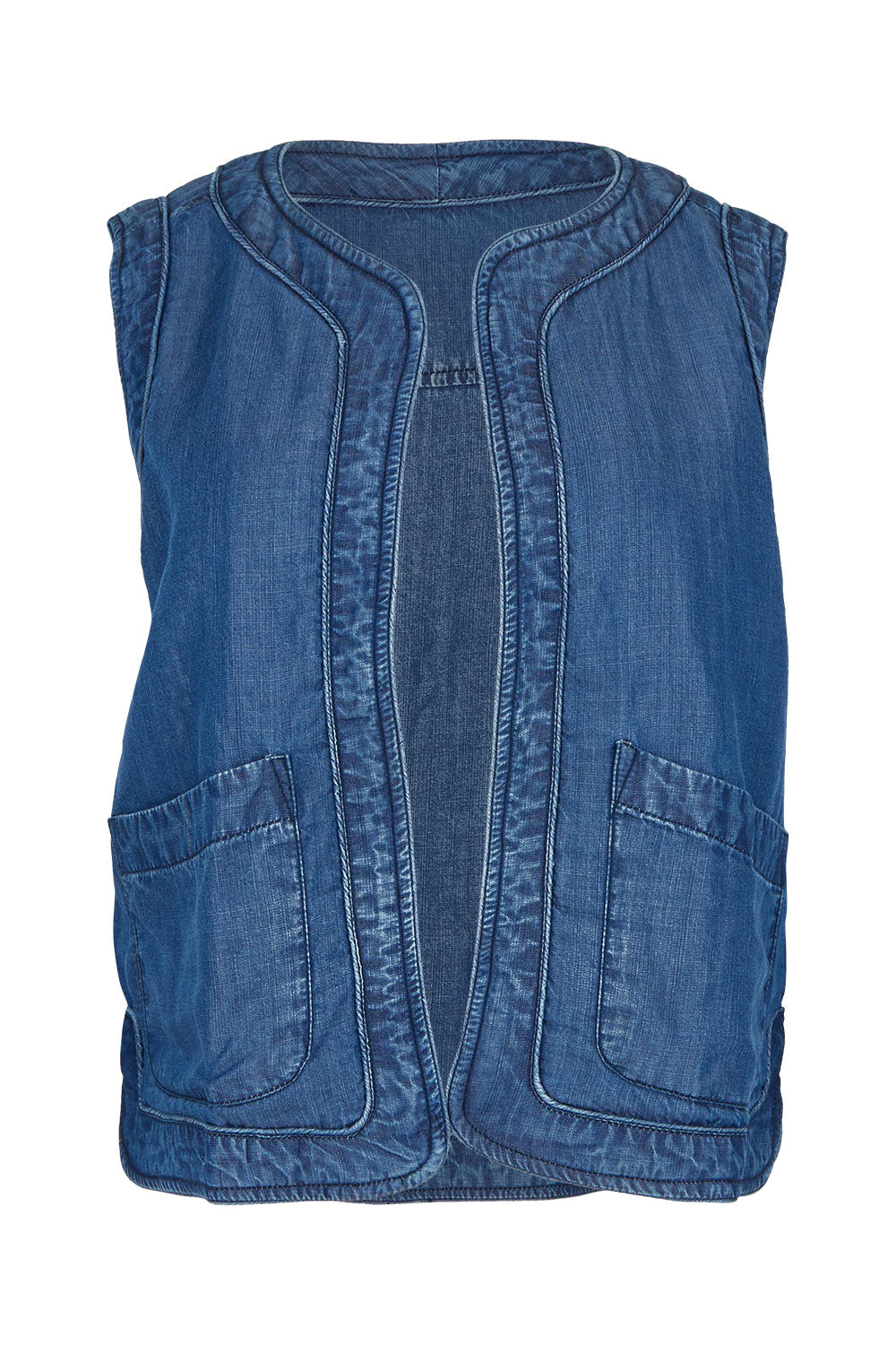 Product shot of the Deco Quilted Tencel Gilet in colour Blue (Blue), from the front