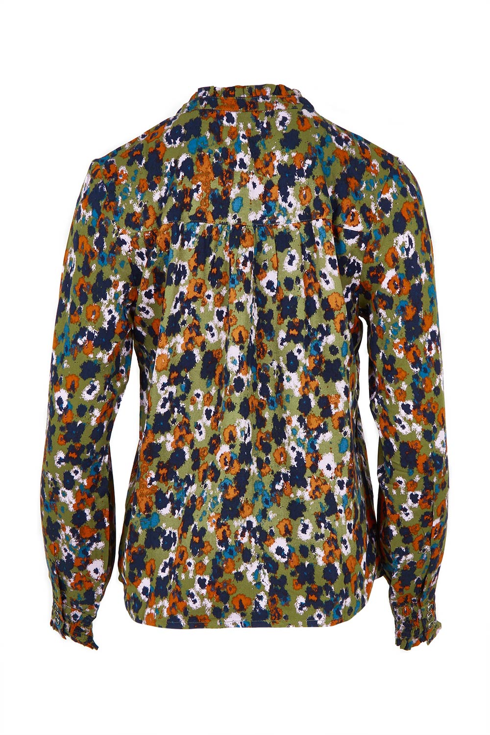 Product shot of the Rita Frill Shirt Floral Ikat in colour Olive (Green), from the back