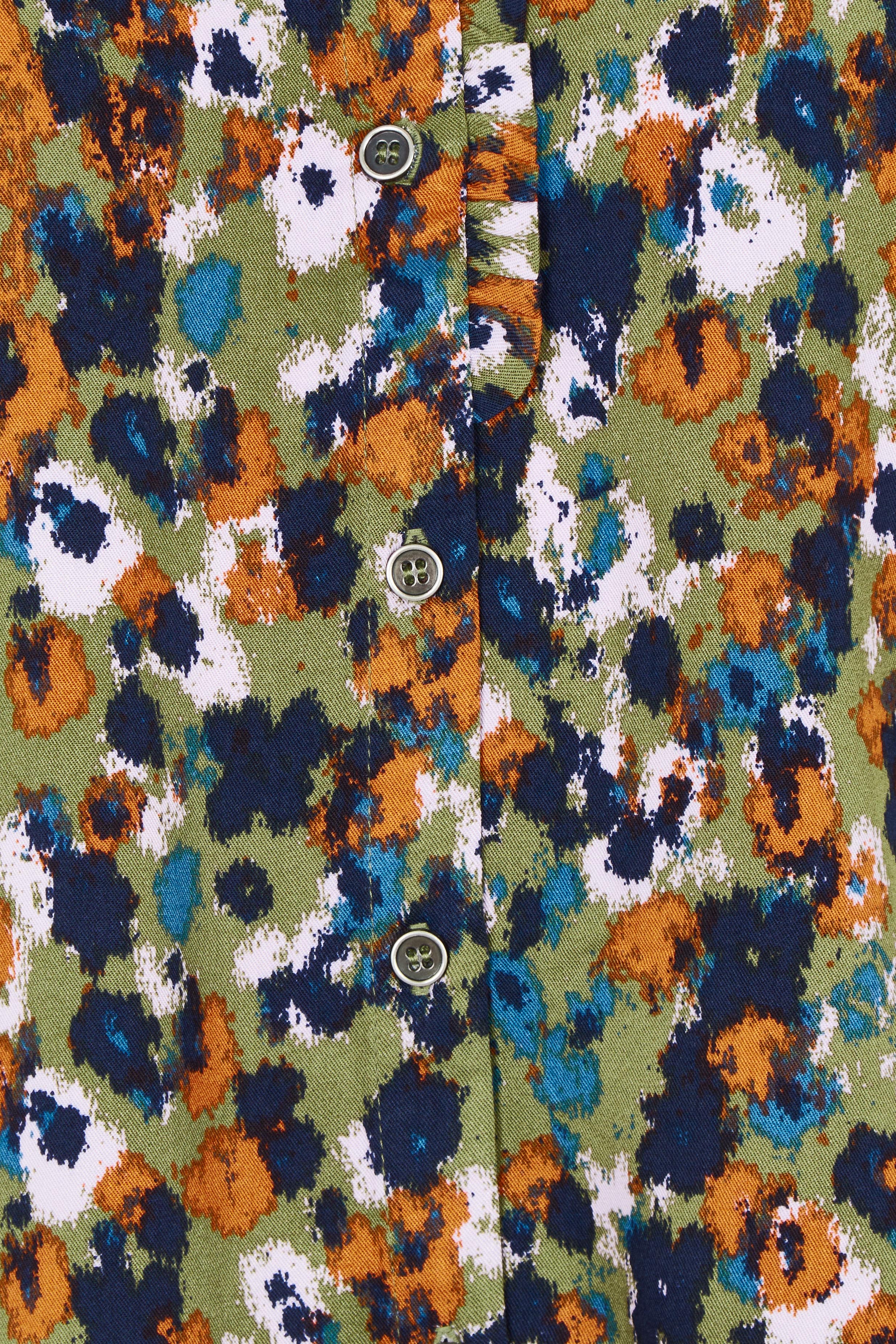 Product shot of the Rita Frill Shirt Floral Ikat in colour Olive (Green), detail