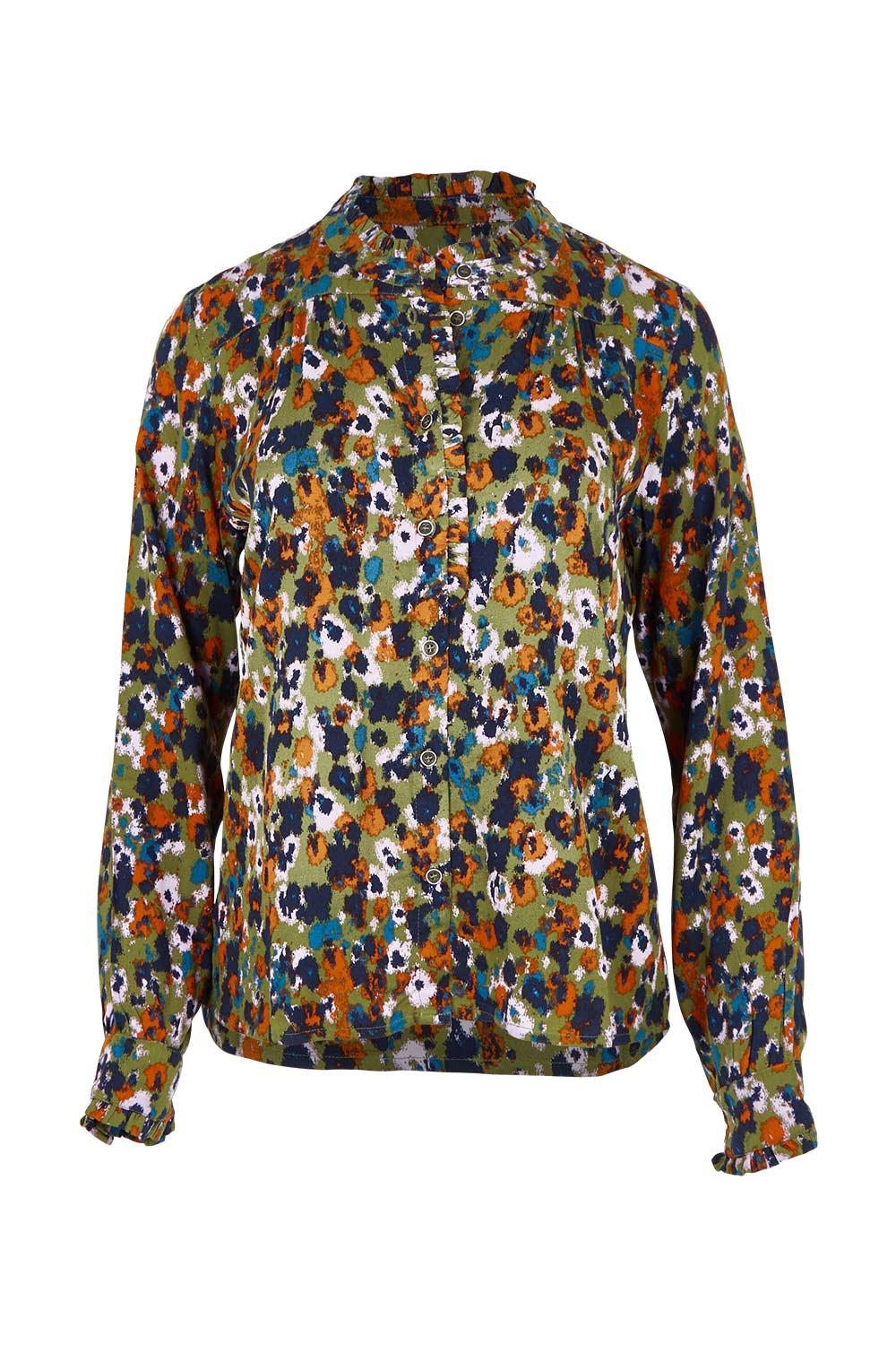 Product shot of the Rita Frill Shirt Floral Ikat in colour Olive (Green), from the front