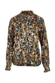 Product shot of the Rita Frill Shirt Floral Ikat in colour Olive (Green), from the front