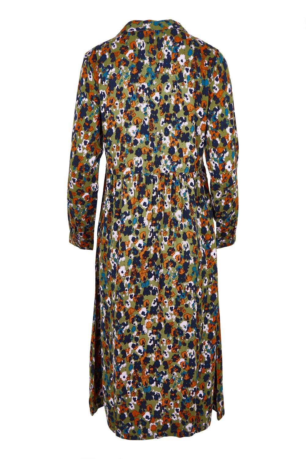 Product shot of the Seasons Dress in colour Olive (Green), from the back