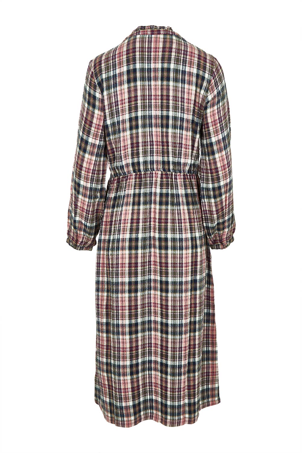 Product shot of the Ellington Check Dress in colour Mulberry (Red), from the back