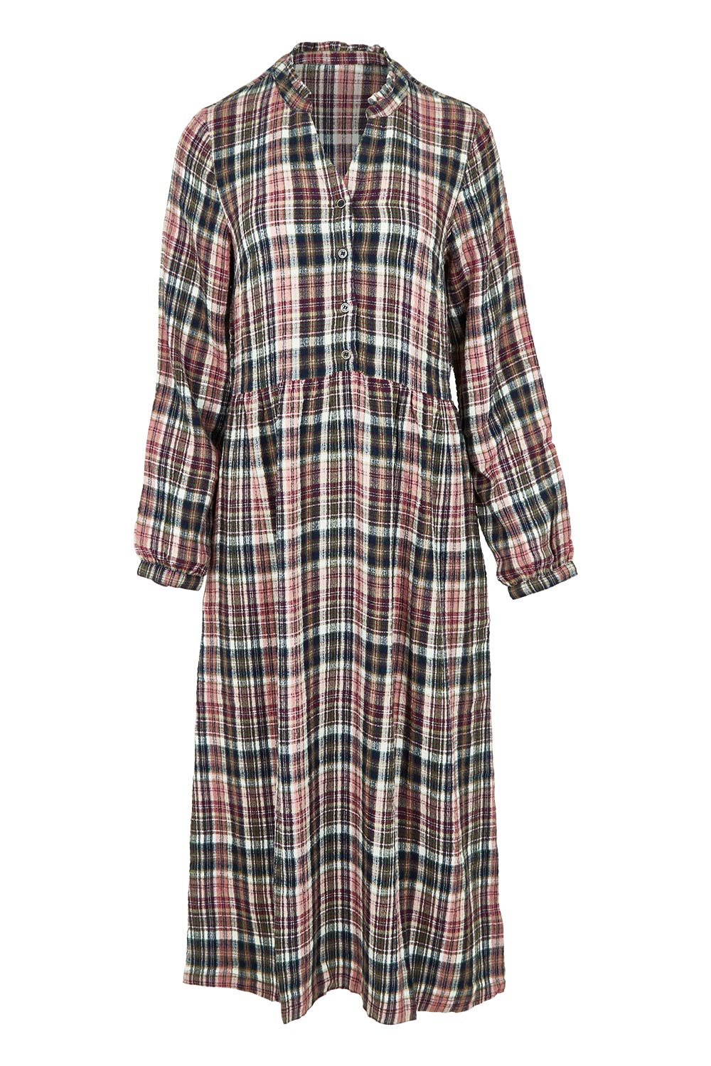 Product shot of the Ellington Check Dress in colour Mulberry (Red), from the front
